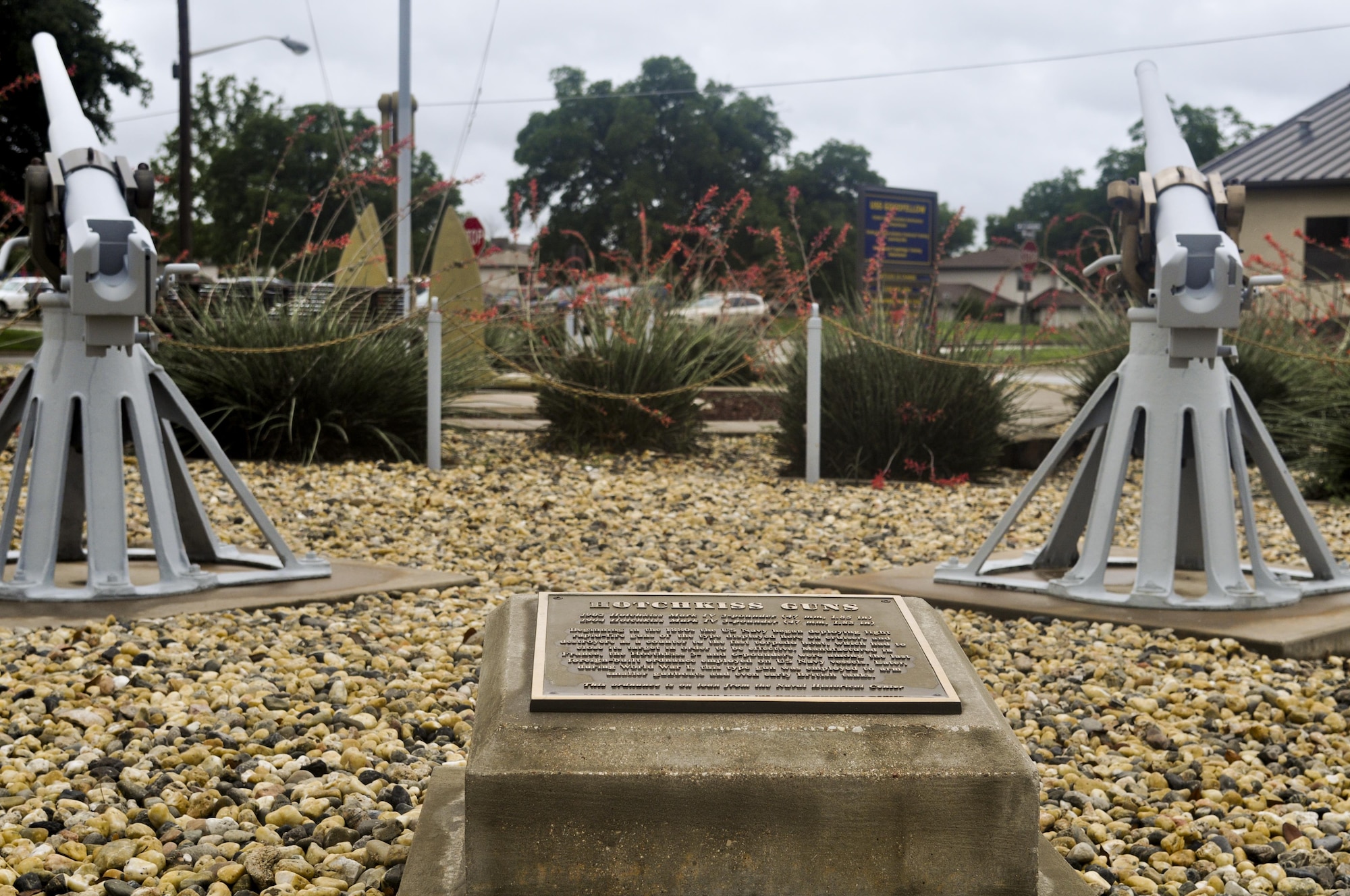 Hotchkiss guns and a plaque stand at the Liberty Memorial Park in remembrance of the 34 American sailors who died on the USS Liberty in 1967 at Goodfellow Air Force Base, Texas, June 3, 2016. Hotchkiss guns were used beginning in the 1880s and were among the last foreign built ordinances employed on U.S. Navy vessels. (U.S. Air Force photo by 2nd Lt Tisha Wilkerson/Released)