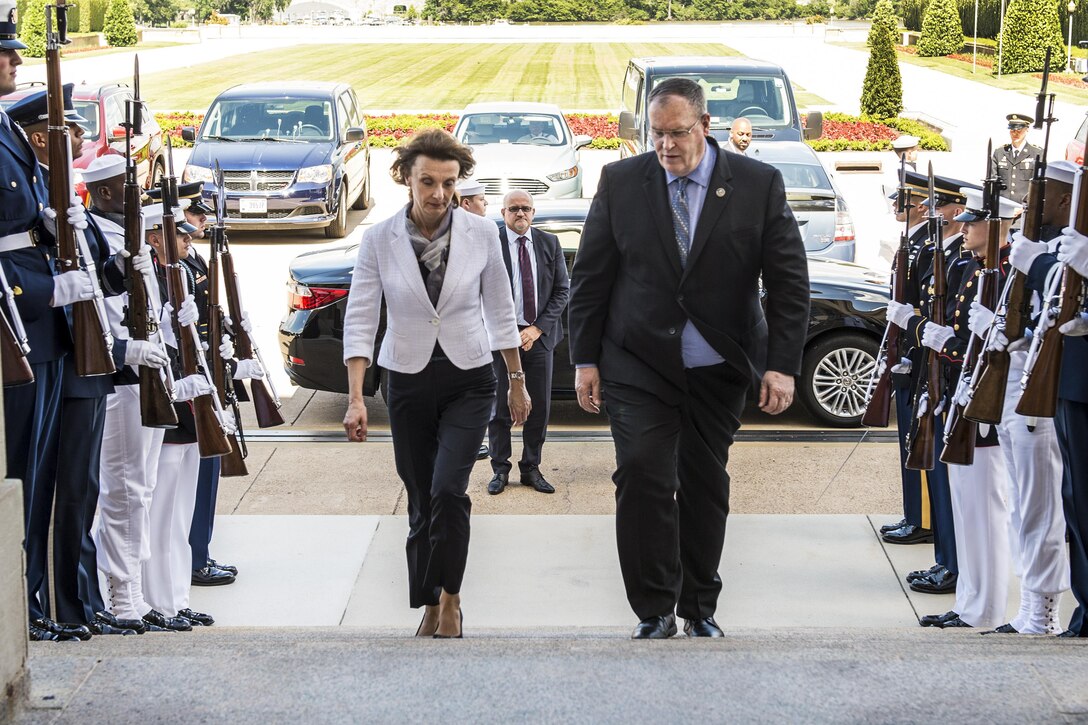 Deputy Defense Secretary Bob Work hosts an honor cordon for Montenegrin Defense Minister Milica Pejanovic-Djurisic at the Pentagon, June 8, 2016. DoD photo by Air Force Staff Sgt. Brigitte N. Brantley