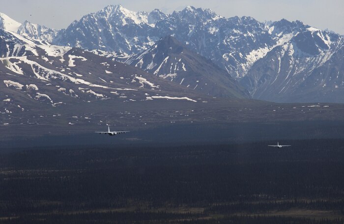 A detachment of KC-130J Super Hercules aircraft from Marine Aerial Refueler Transport Squadron 152, homestationed at Marine Corps Air Station Iwakuni, Japan, conduct low altitude training during exercise Kodiak Mace, May 28, 2016. The squadron trained at Joint Base Elmendorf-Richardson, Alaska, in support of exercise Kodiak Mace, which is an annual joint exercise designed to give the U.S. Marine pilots of VMGR-152 an opportunity to conduct low altitude training in an unfamiliar environment to enhance their technical skills and operational capabilities. (U.S. Marine Corps photo by Cpl. Cory Schubert/Released)