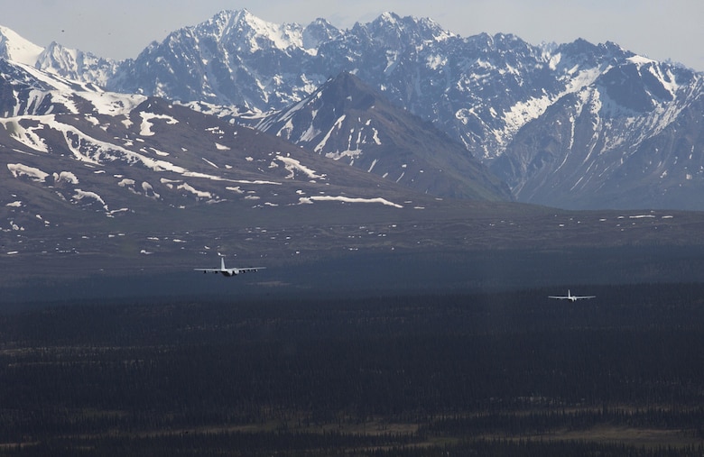 A detachment of KC-130J Super Hercules aircraft from Marine Aerial Refueler Transport Squadron 152, homestationed at Marine Corps Air Station Iwakuni, Japan, conduct low altitude training during exercise Kodiak Mace, May 28, 2016. The squadron trained at Joint Base Elmendorf-Richardson, Alaska, in support of exercise Kodiak Mace, which is an annual joint exercise designed to give the U.S. Marine pilots of VMGR-152 an opportunity to conduct low altitude training in an unfamiliar environment to enhance their technical skills and operational capabilities. (U.S. Marine Corps photo by Cpl. Cory Schubert/Released)