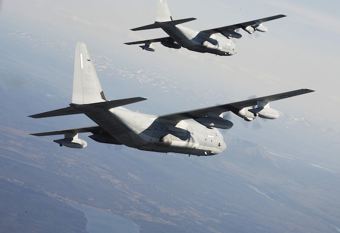 A detachment of KC-130J Super Hercules aircraft from Marine Aerial Refueler Transport Squadron 152, homestationed at Marine Corps Air Station Iwakuni, Japan, conduct low altitude training during exercise Kodiak Mace, May 28, 2016. The squadron trained at Joint Base Elmendorf-Richardson, Alaska, in support of exercise Kodiak Mace, which is an annual joint exercise designed to give the U.S. Marine pilots of VMGR-152 an opportunity to conduct low altitude training in an unfamiliar environment to enhance their technical skills and operational capabilities. (U.S. Marine Corps photo by Cpl. Cory Schubert/Released)
