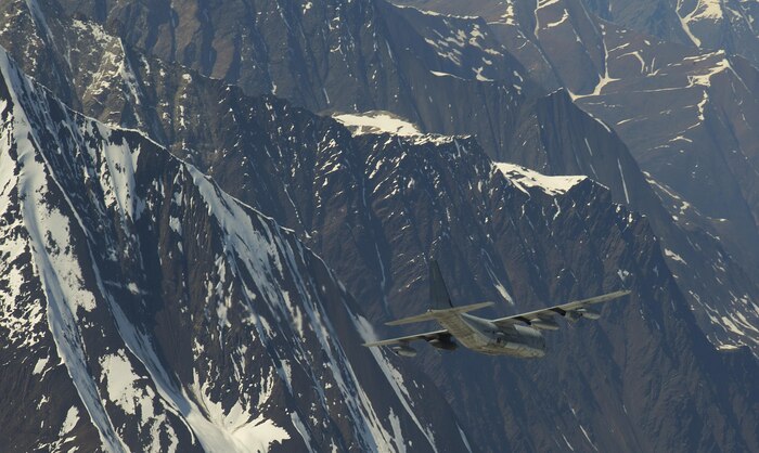 A KC-130J Super Hercules from Marine Aerial Refueler Transport Squadron 152, homestationed at Marine Corps Air Station Iwakuni, Japan, conducts tactical navigation missions during exercise Kodiak Mace, May 28, 2016. The KC-130Js squadron traveled to Joint Base Elmendorf-Richardson, Alaska, in support of exercise Kodiak Mace, which is an annual joint exercise designed to give the U.S. Marines training time in environments unique to Alaska. (U.S. Marine Corps photo by Cpl. Cory Schubert/Released)