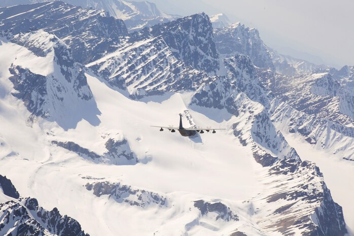 A KC-130J Super Hercules aircraft from Marine Aerial Refueler Transport Squadron 152, homestationed at Marine Corps Air Station Iwakuni, Japan, conducts tactical navigation missions during exercise Kodiak Mace, May 28, 2016. The squadron trained at Joint Base Elmendorf-Richardson, Alaska, in support of exercise Kodiak Mace, which is an annual joint exercise designed to enhance the skill set of the U.S. Marines by conducting missions in unfamiliar environments. (U.S. Marine Corps photo by Cpl. Cory Schubert/Released)