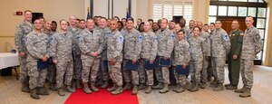 Joint Base Charleston’s newest Master Sergeants pose for a group photo with their leadership during the Master Sergeant release party June 3, 2016, at the Charleston Club on JB Charleston – Air Base, S.C. Officials selected 5,019 of 21,504 eligible for promotion for a 23.34 percent selection rate. The average time in grade of the selectees’ was 4.04 years and time in service was 14.59 years. The average decorations score was 11.47, United States Air Force Supervisory Examination average score was 63.08 and the average board score was 378.50. (U.S. Air Force photo/Senior Airman Clayton Cupit)