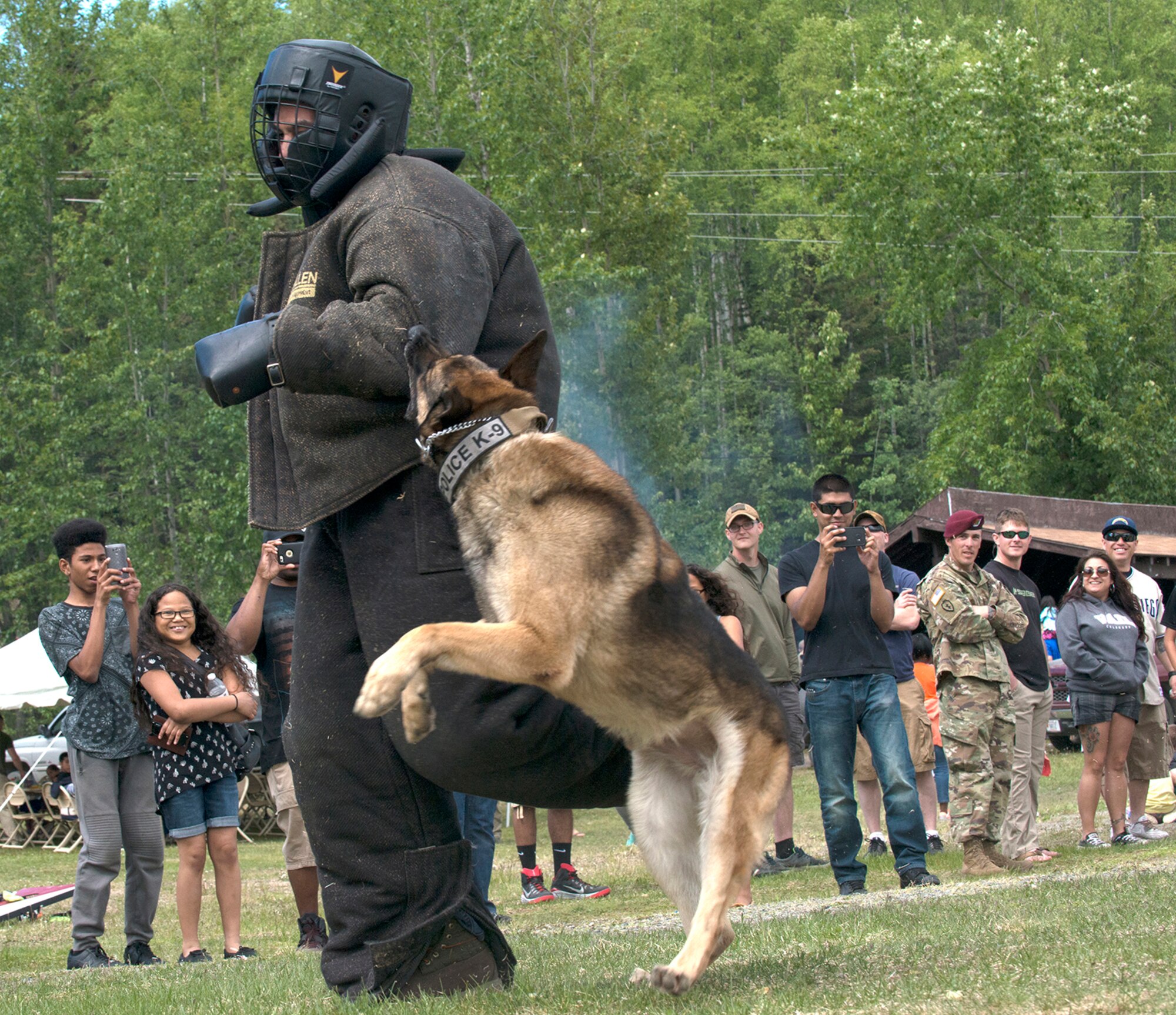 Senior Airman Dallas Jaramillo, 3rd Munitions Squadron support team member, attempts to flee a military working dog during a demonstration on how a trained dog can take down an assailant on command.  Military Police from the 549th MWD Detachment showcased their dogs’ capabilities during the 40th Cavalry Regiment, 1st Squadron (Airborne), 25th Infantry Division, 4th Infantry Brigade Combat Team (Airborne) Organization Day at Otter Lake Chalet on June 3.  Representatives from the 549th MWD Detachment executed a variety of commands for their dogs, to include taking down a running offender and how they assist in a traffic stop.  (U.S. Air Force photo by Tech. Sgt. Vernon Cunningham)