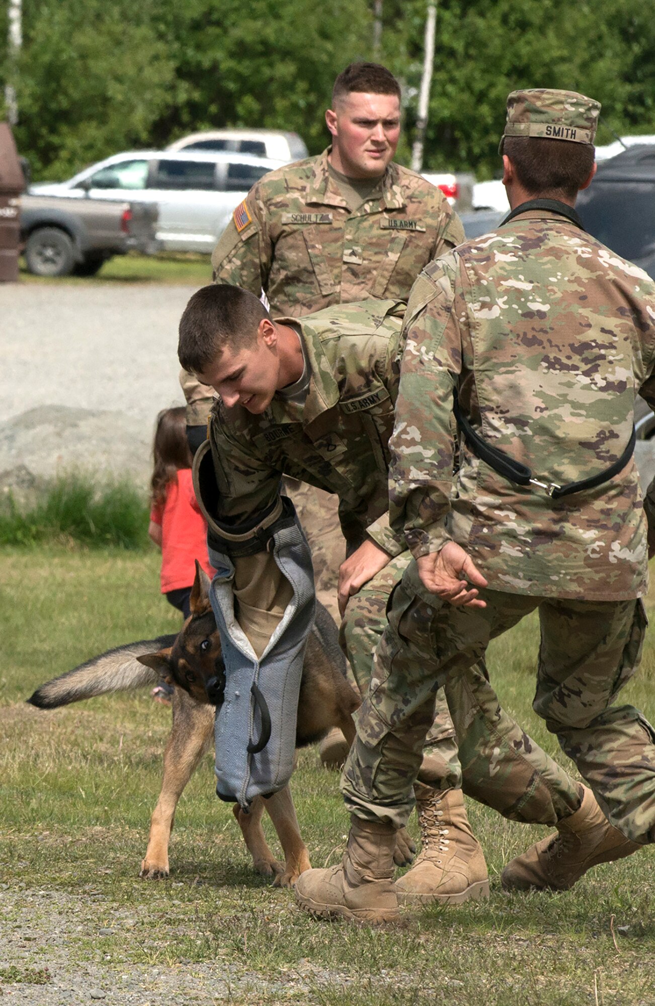Pfc. Brad Bourne, patrol narcotic dog handler with the 549th Military Working Dog Detachment, is taken down by a military working dog while simulating a fleeing perpetrator during a demonstration on how trained dogs assist during a traffic stop. Military Police from the 549th MWD Detachment showcased their dogs’ capabilities during the 40th Cavalry Regiment, 1st Squadron (Airborne), 25th Infantry Division, 4th Infantry Brigade Combat Team (Airborne) Organization Day at Otter Lake Chalet on June 3. Representatives from the 549th MWD Detachment executed a variety of commands for their dogs, to include taking down a running offender and how they assist in a traffic stop.  (U.S. Air Force photo by Tech. Sgt. Vernon Cunningham)