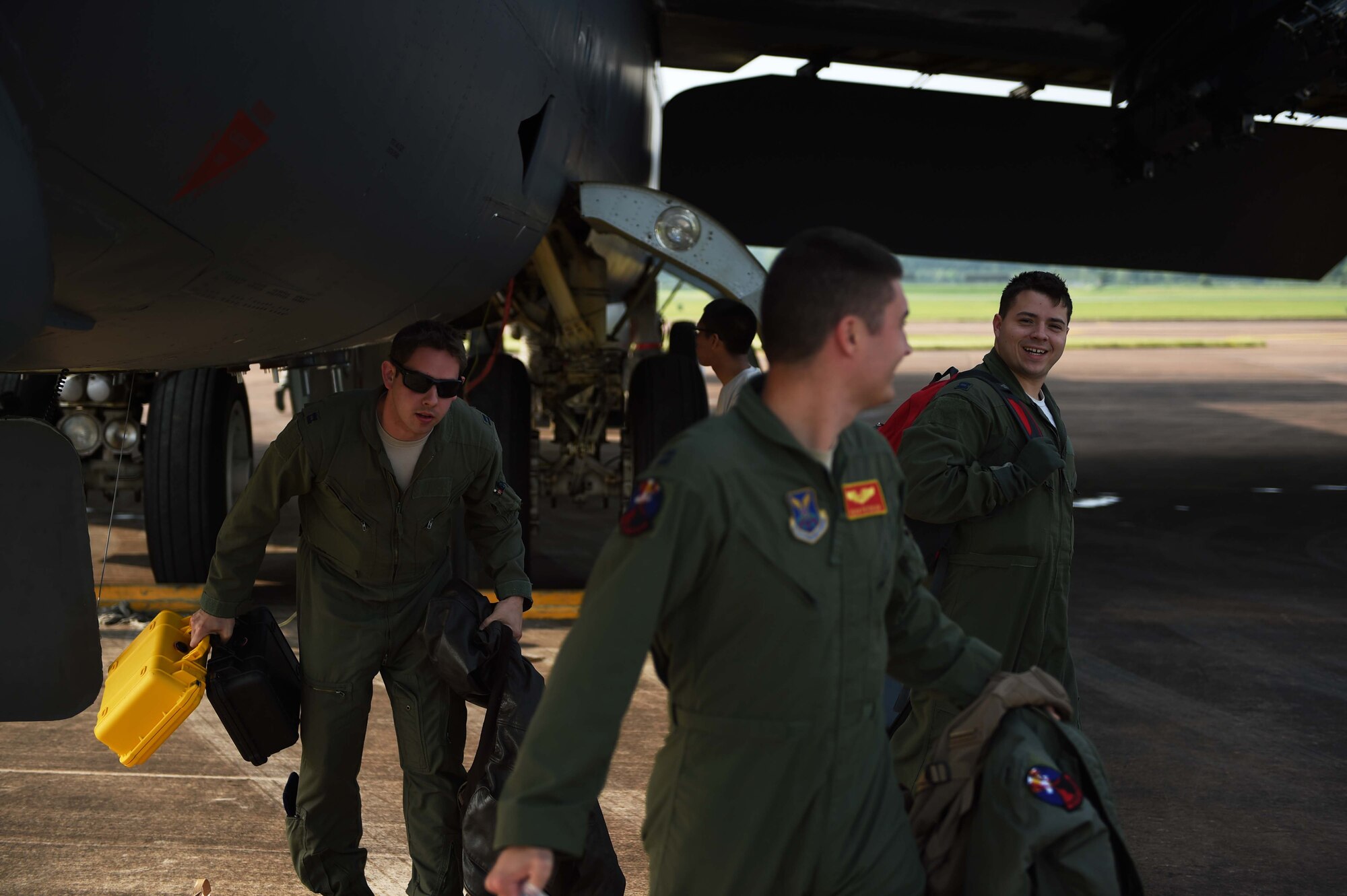 U.S. Air Force Capts. Patrick Clements, Steven Robert and Jess Fitzpatrick from Minot Air Force Base, N.D., step from their B-52H Stratofortress on Royal Air Force Fairford, United Kingdom, June 7, 2016, after flying a sortie in support of exercise BALTOPS 16. Throughout the exercise, the strategic bombers will partner with sister services and partner nations to conduct training and demonstrate their ability to project airpower in any environment. (U.S. Air Force photo/Airman 1st Class Zachary Bumpus)