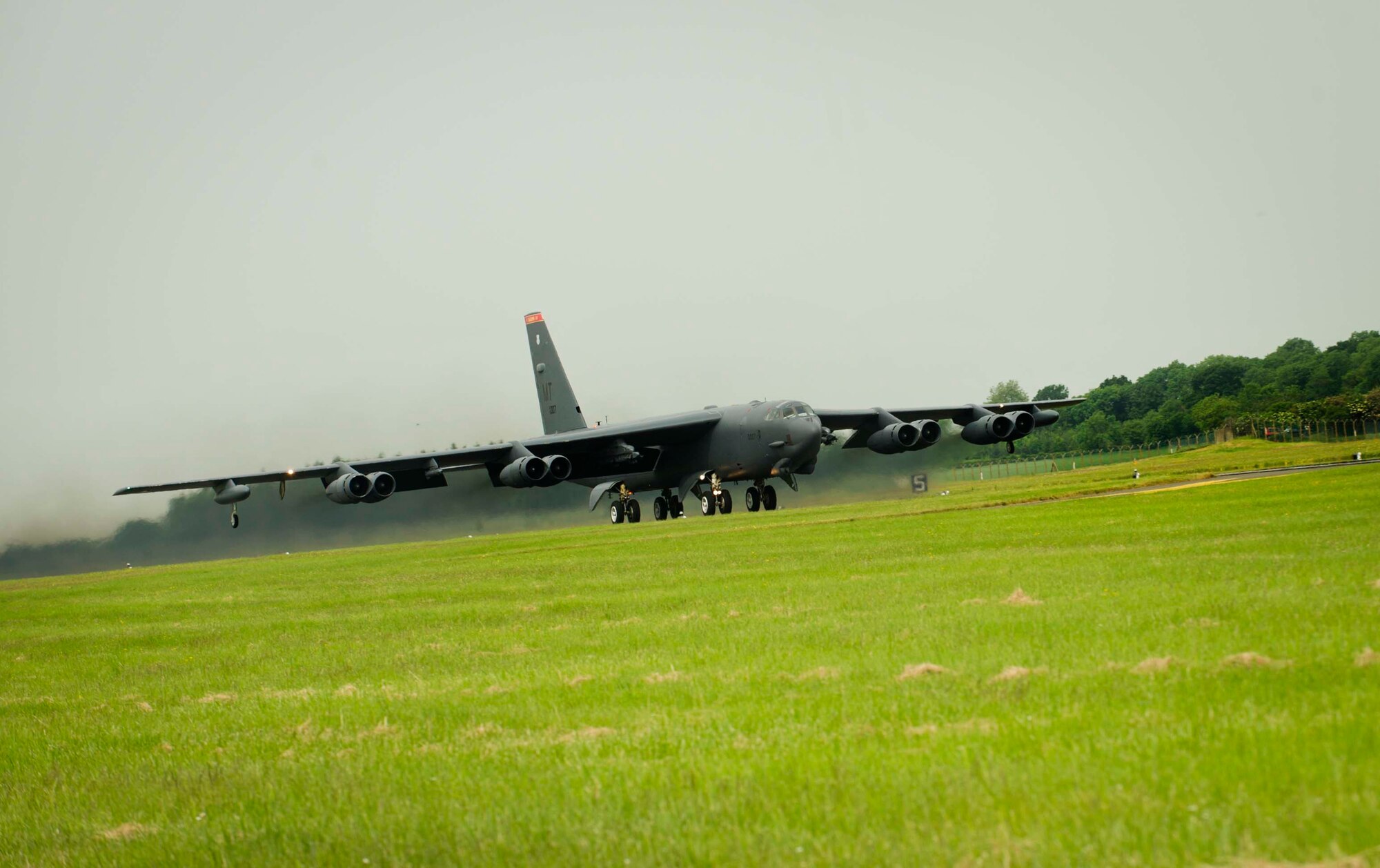 A B-52H Stratofortress from Minot Air Force Base, N.D., accelerates down the runway at Royal Air Force Fairford, United Kingdom, June 7, 2016, in support of exercise BALTOPS 16. BALTOPS is an ongoing cooperative training effort that has participants from approximately 17 different nations throughout the region. It allows the participants to demonstrate their own unique roles in contributing to regional and global stability and to train for deployments in support of multinational contingency operations around the world. (U.S. Air Force photo/Senior Airman Sahara L. Fales)