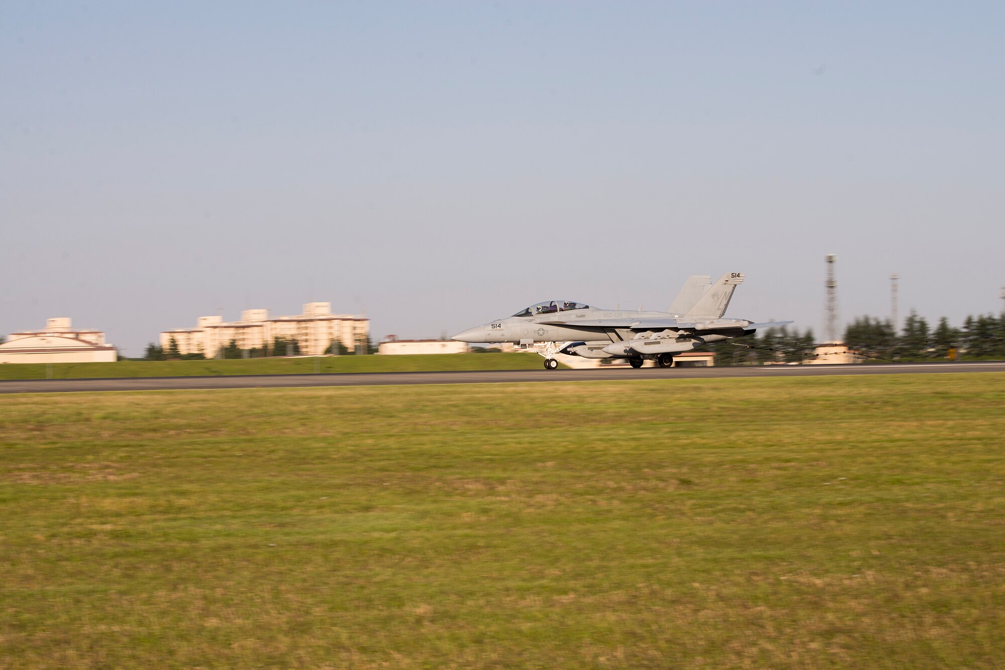 A Navy EA-18G Growler, assigned to the Electronic Attack Squadron (VAQ) 138, performs a high-speed taxi approach into the aircraft arresting system at Yokota Air Base, Japan, June 3, 2016. As the reel of the AAS spins, it activates a hydraulic pump which compresses a brake pad to safely slow the aircraft. The aircraft can go from a speed of 207 mph to a complete halt in approximately 10 seconds. (U.S. Air Force photo by Senior Airman David C. Danford/Released)