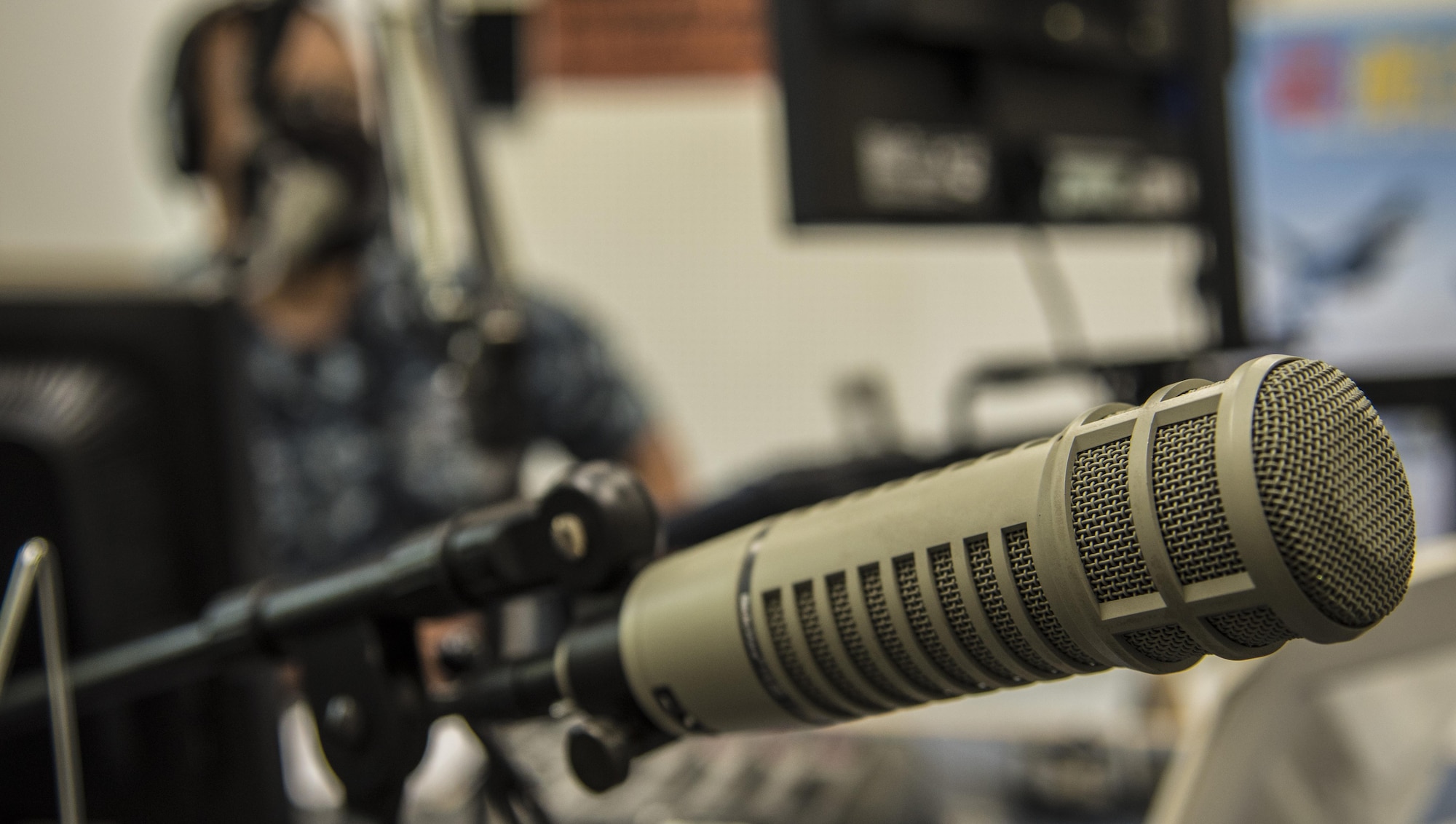 A microphone hangs on a stand in the American Forces Network Misawa radio studio at Misawa Air Base, Japan, June 7, 2016.  One of the main components of AFN is radio, where music is pulled from a survey conducted on the American public and broadcasted locally from Misawa AB. Daily news shows are also conducted twice a day sharing weather reports, news and base information. (U.S. Air Force photo by Airman 1st Class Jordyn Fetter)