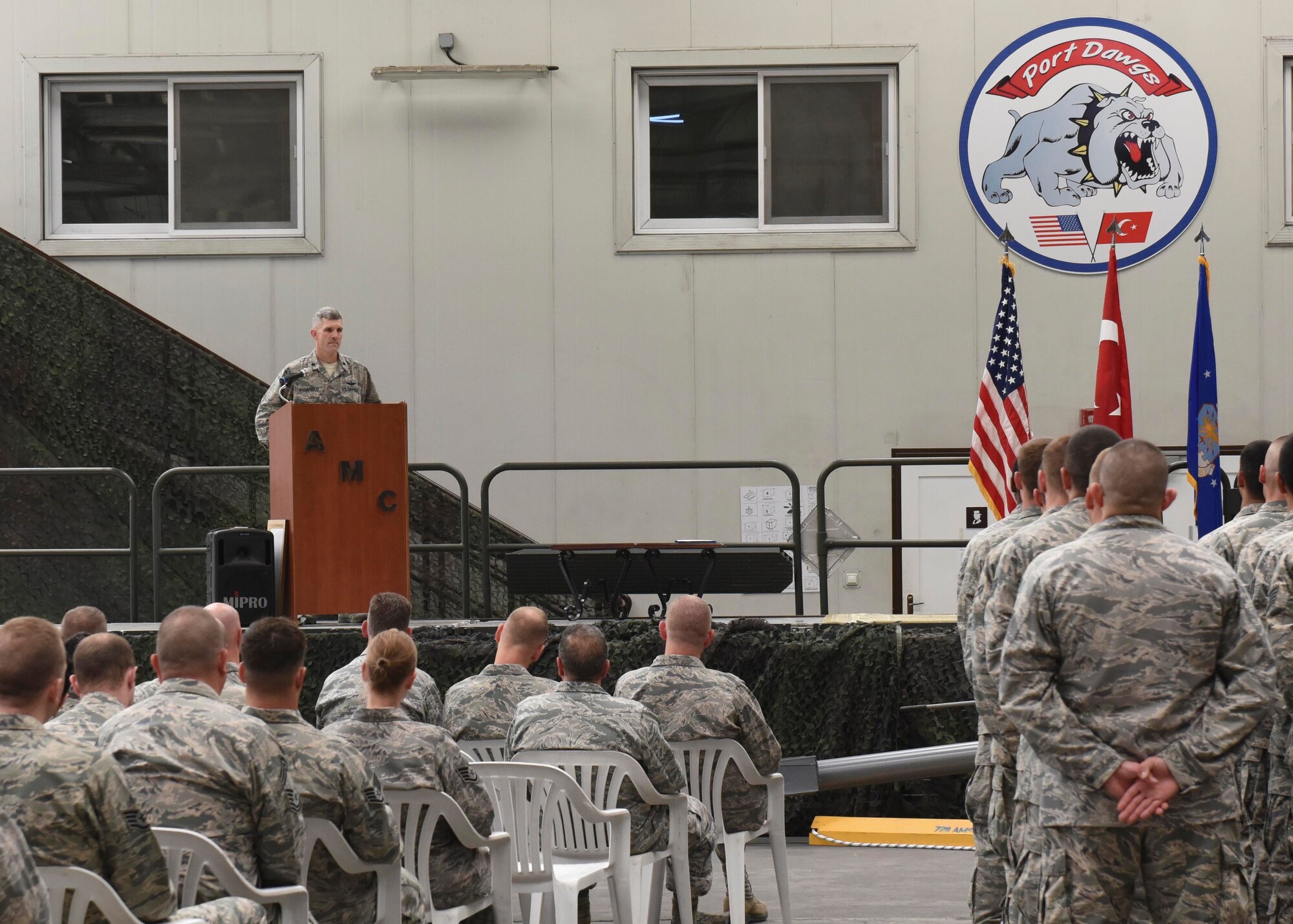 Lt. Col. Nathan Mansfield, 728th Air Mobility Squadron commander, speaks to those in attendance after taking command during the 728th AMS change of command ceremony June 9, 2016, at Incirlik Air Base, Turkey. Prior to taking command, Mansfield was the lead observer and trainer on the Joint Staff in Suffolk, Va. (U.S. Air Force photo by Airman 1st Class Devin M. Rumbaugh/Released)