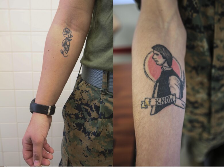 With the changes in Marine Corps Bulletin 1020, Marines, unless grandfathered, can get only one lower arm tattoo, which must be at least one inch below the bend of the elbow extended and two inches above the wrist. The tattoo pictured left is an example of one that would with changes to the order be considered out of regulation. As of June 1, 2016, Marine Corps Bulletin 1020 updated the tattoo policy with the intention of balancing the desires of individual Marines and the standards and professionalism the Marine Corps upholds. (U.S. Marine Corps photo illustration by Lance Cpl. Miranda Faughn/Released)