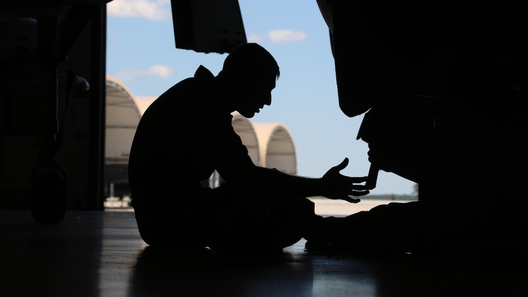 Pfc. Martin Pilch works underneath an AV-8B Harrier inside the Marine Attack Training Squadron 203 hangar at Marine Corps Air Station Cherry Point, North Carolina, June 8, 2016. During the past three years, VMAT-203 has trained more than 130 AV-8B pilots and 2,000 AV-8B maintenance personnel. Within that time period, the squadron has flown over 12,000 flight hours, participated in four deployments for instructor and student training and received the Commandant's Aviation Efficiency Award. Pilch is a fixed wing aircraft mechanic with the Squadron.
