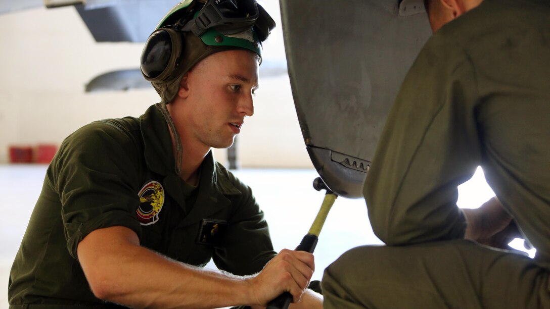 Pfc. Martin Pilch works underneath an AV-8B Harrier inside the Marine Attack Training Squadron 203 hangar at Marine Corps Air Station Cherry Point, North Carolina, June 8, 2016. During the past three years, VMAT-203 has trained more than 130 AV-8B pilots and 2,000 AV-8B maintenance personnel. Within that time period, the squadron has flown over 12,000 flight hours, participated in four deployments for instructor and student training and received the Commandant's Aviation Efficiency Award. Pilch is a fixed wing aircraft mechanic with the Squadron.