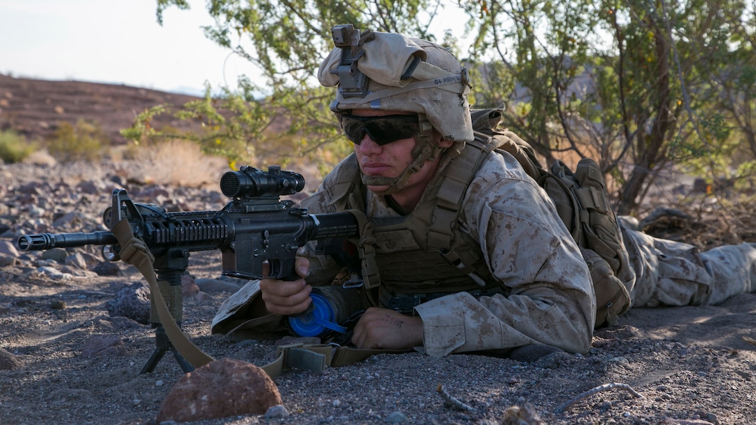 Lance Cpl. Matthew Meyers, rifleman, 3rd Battalion, 2nd Marine Regiment, provides security during a defensive exercise as part of the final exercise of Integrated Training Exercise 3-16 in the Blacktop Training Area at Marine Corps Air Ground Combat Center, Twentynine Palms, California, June 2, 2016. 