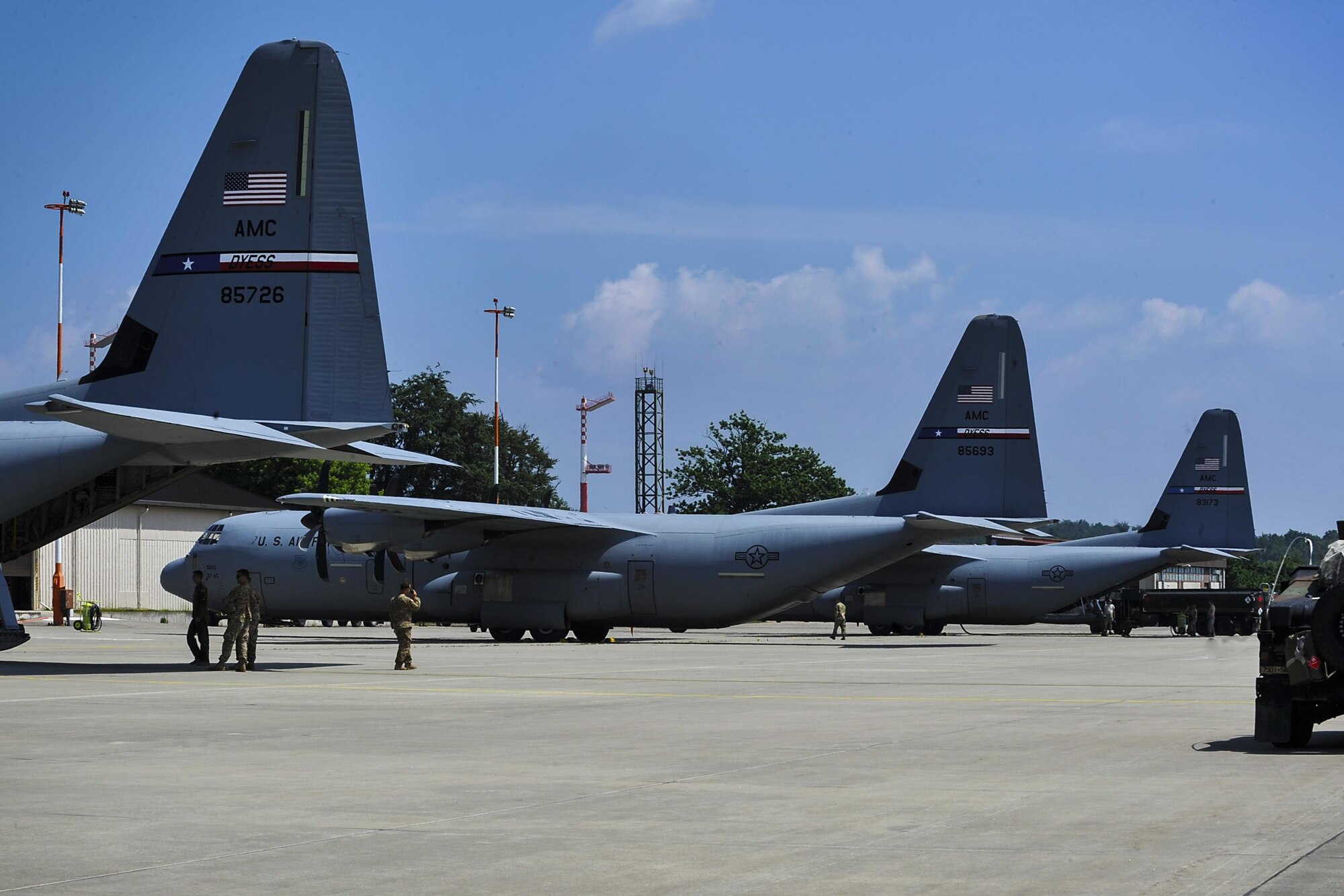 Dyess Air Force Base airframes sit on the flightline during a refueling June 9, 2016 at Ramstein Air Base, Germany. The aircraft refueled before returning to Poland to participate in this year’s Exercise Swift Response 2016. (U.S. Air Force photo/Senior Airman Larissa Greatwood)