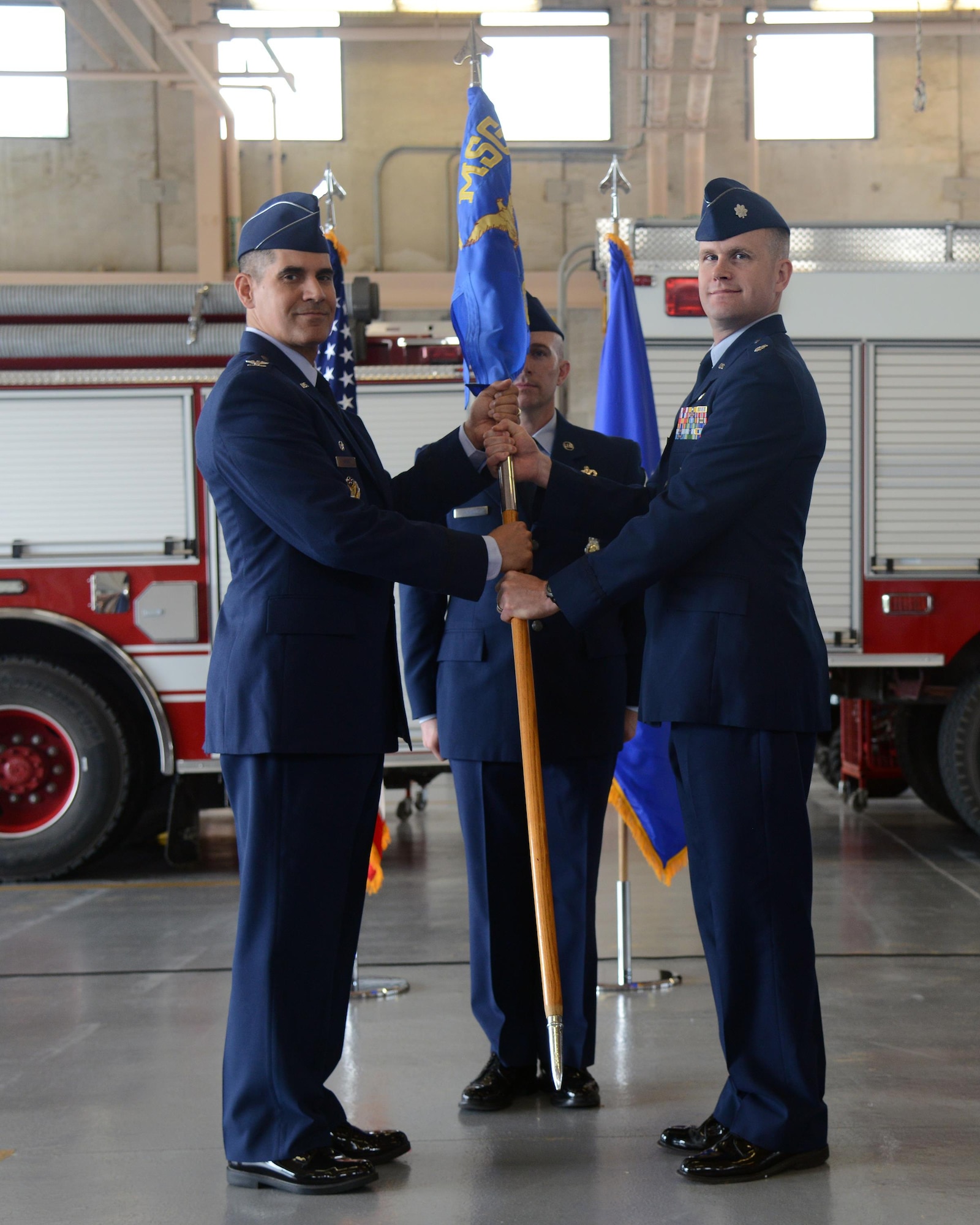 Lt. Col. Bill Notbohm, right, 47th Civil Engineer Squadron commander, poses for a photo with Col. Eric Shafa, 47th Mission Support Group commander, during a change of command at Laughlin Air Force Base, Texas, June 1, 2016. Notbohm is coming to Laughlin from his previous position where he served as the Assistant for Coalition Operations, Strategy, Plans and Capabilities in the Office of the Under Secretary of Defense for Policy, at the Pentagon, Washington, D.C.; as a major and a lieutenant colonel. (U.S. Air Force photo/Airman 1st Class Brandon May)