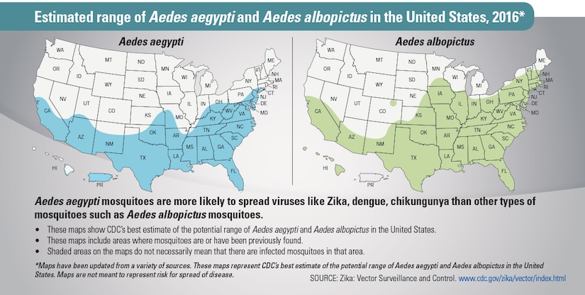 Estimated range of Aedes aegypti and Aedes albopictus in the United States, 2016. Centers for Disease Control graphic