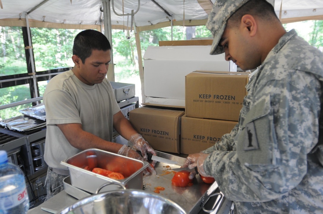 Pfc. Gabriel Royz and Spc. Prabhpreet Singh slice tomatos inside a Mobile Kitchen Trailer during Anakonda 16 at the Drawsko Training Area in Poland. Large-scale exercises such as AN16 send a clear message that the United States is capable of enabling and executing a full range of military missions in concert with our European Allies and partners to secure U.S. national interests and to support a Europe that is whole, free, prosperous, and at peace. Royz is from Everson, Wash. and assigned to the 483rd Quartermaster Company based in Marysville, Wash. Singh is from Woodbridge, NJ, assigned to the 716th Quartermaster in Jersey City, NJ. (Photo by Sgt. Dennis Glass)