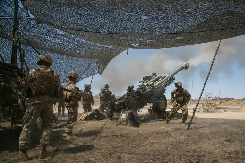 Marines with Battery C, 1st Battalion, 10th Marine Regiment, provide indirect fire with a M777 Howitzer during the final exercise of Integrated Training Exercise 3-16 in the Blacktop Training Area aboard Marine Corps Air Ground Combat Center, Twentynine Palms, Calif., June 1, 2016. (Official Marine Corps photo by Lance Cpl. Dave Flores/Released)