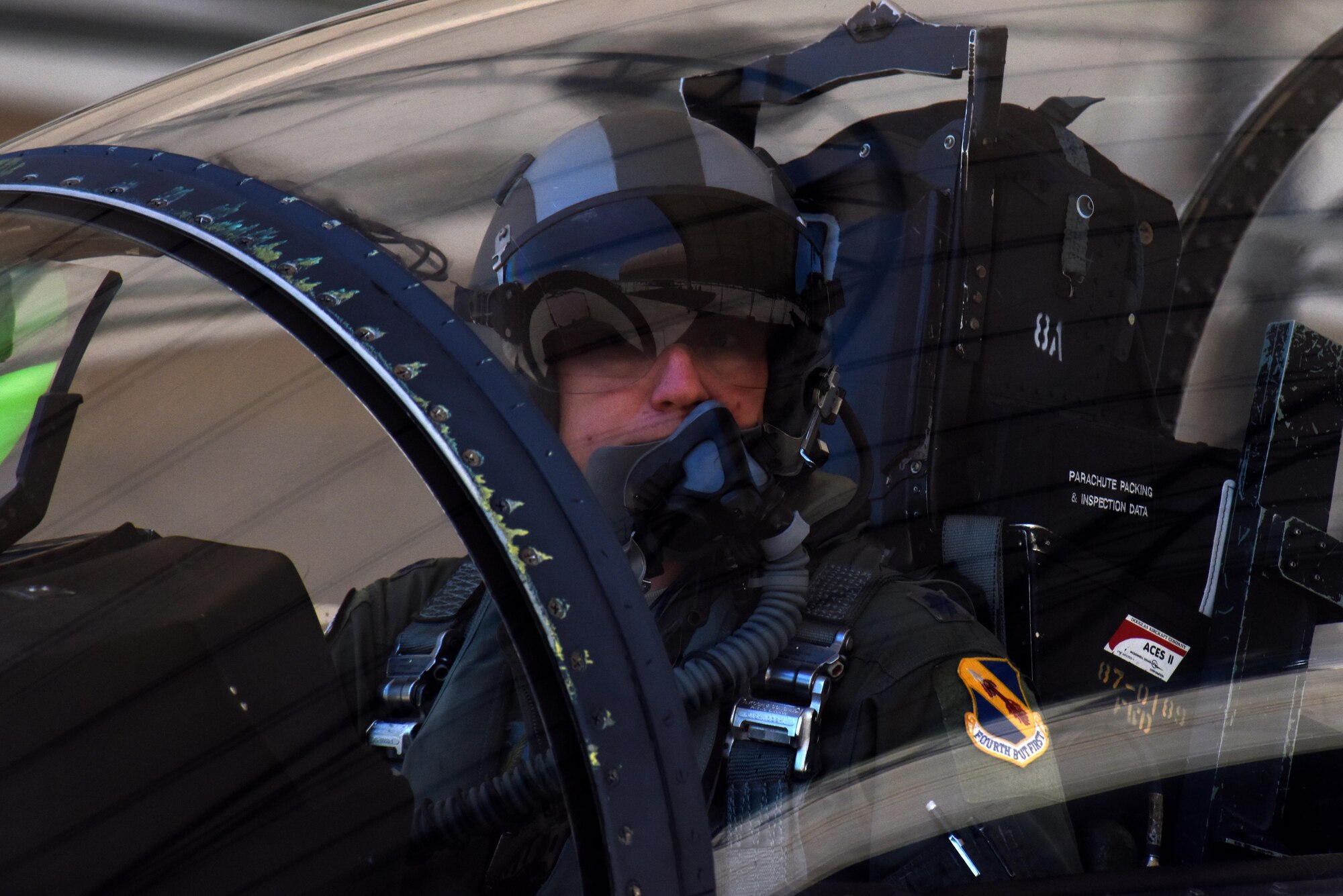 Lt. Col. Nate Hesse, 4th Operations Group deputy commander, makes final pre-flight preparations June 8, 2016, before taxiing an F-15E Strike Eagle at Seymour Johnson Air Force Base, North Carolina. Hesse flew Col. Brian Afflerbaugh, 4th OG commander, on his final flight as commander. (U.S. Air Force photo/Tech. Sgt. Chuck Broadway)