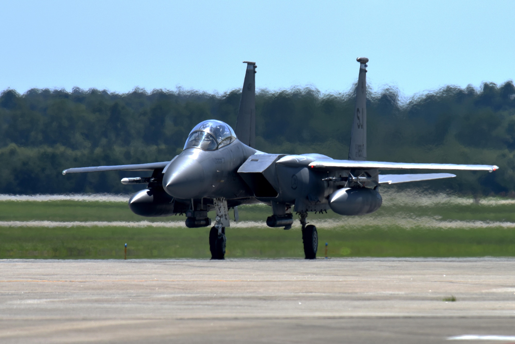 Lt. Col. Nate Hesse, 4th Operations Group deputy commander and pilot, and Col. Brian Afflerbaugh, 4th OG commander and weapons systems officer, taxi following a flight June 8, 2016, at Seymour Johnson Air Force Base, North Carolina. Afflerbaugh was completing his final mission as group commander. (U.S. Air Force photo/Tech. Sgt. Chuck Broadway)