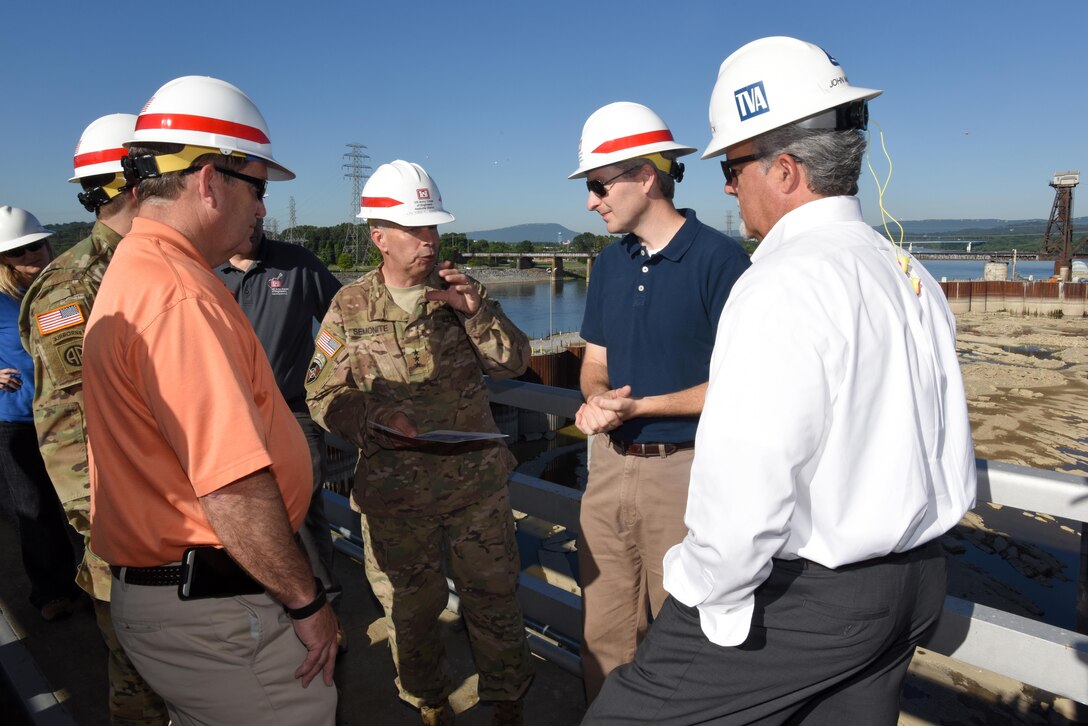 Lt. Gen. Todd T. Semonite, U.S. Army Corps of Engineers commander, receives a briefing from Nashville District and Tennessee Valley Authority leadership at the Chickamauga Lock Replacement Project in Chattanooga, Tenn., June 7, 2016.