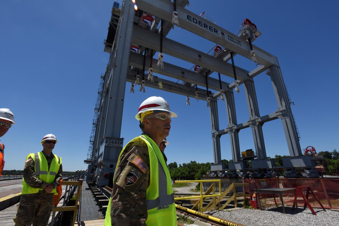 Lt. Gen. Todd T. Semonite, U.S. Army Corps of Engineers commander, tours the Olmsted Lock and Dam project in Olmsted, Ill., June 7, 2016.  The Louisville District is about 75 percent complete with the dam using ‘in the wet’ technology and a navigable pass construction technique.