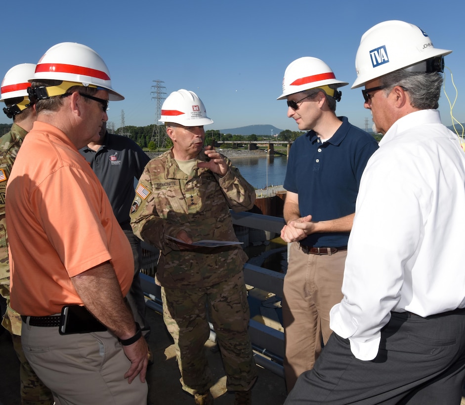 Lt. Gen. Todd T. Semonite, U.S. Army Corps of Engineers commander, receives a briefing from Nashville District and Tennessee Valley Authority leadership at the Chickamauga Lock Replacement Project in Chattanooga, Tenn., June 7, 2016.