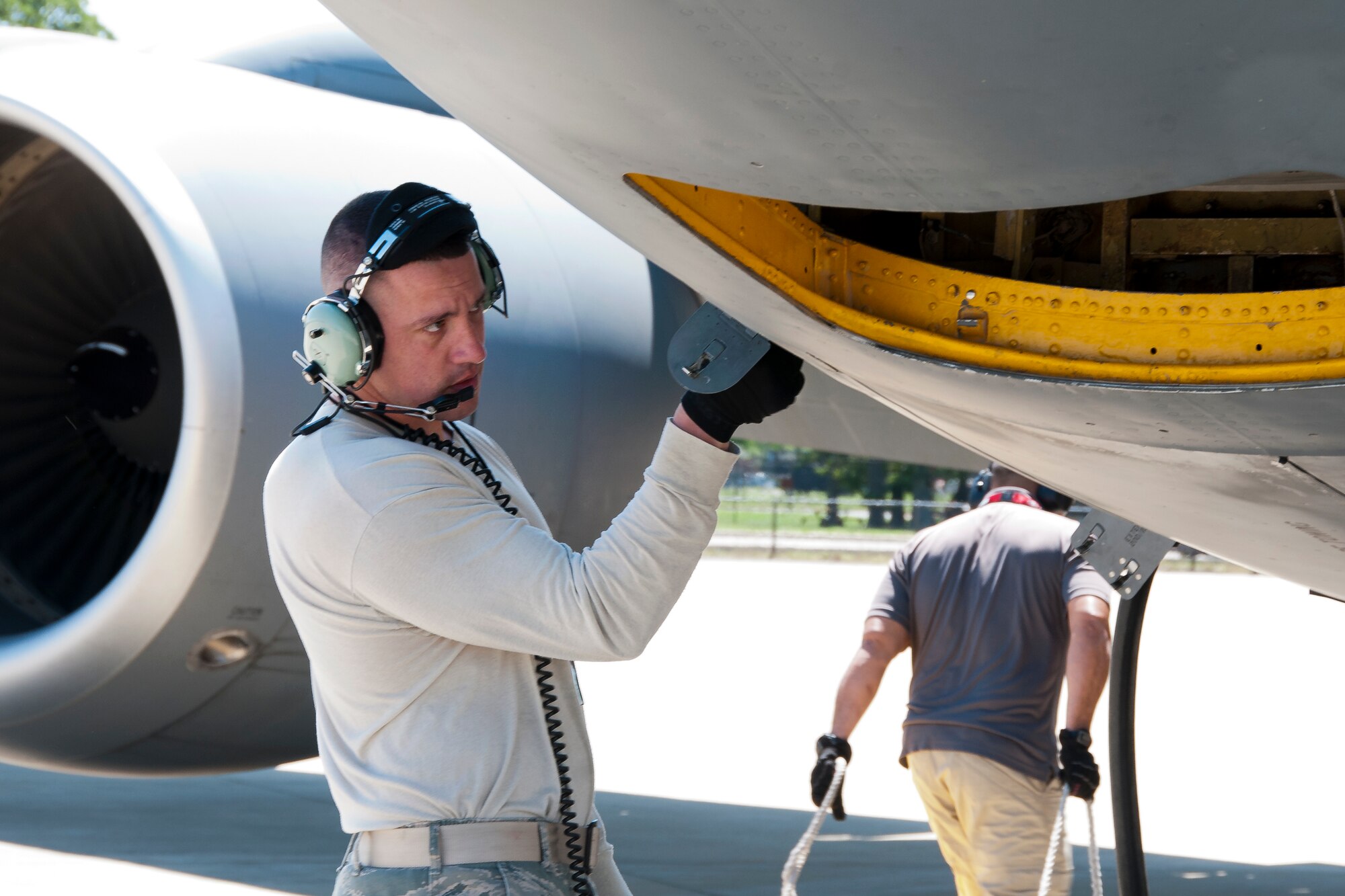 Staff Sgt. Dustin Brown, 459th Aircraft Maintenance Squadron crew chief, performs maintenance operations on a KC-135R Stratotanker on the Joint Base Andrews, Md., flight line June 9, 2016. The aircraft had just returned from Turkey, where it provided refueling support as part of Operation Inherent Resolve. (U.S. Air Force photo/Staff Sgt. Kat Justen)  