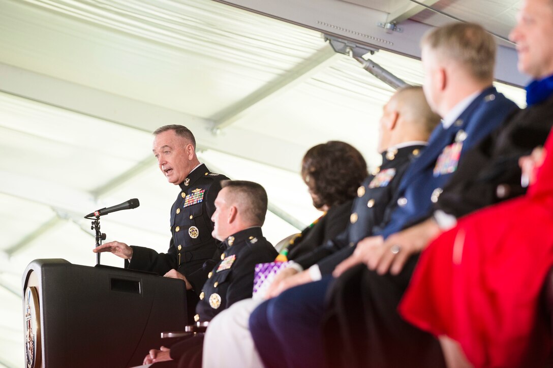 Marine Corps Gen. Joe Dunford, chairman of the Joint Chiefs of Staff, delivers the commencement speech at the National Defense University's 2016 graduation ceremony at Fort Lesley J. McNair in Washington, D.C., June 9, 2016. DoD photo by Army Staff Sgt. Sean K. Harp