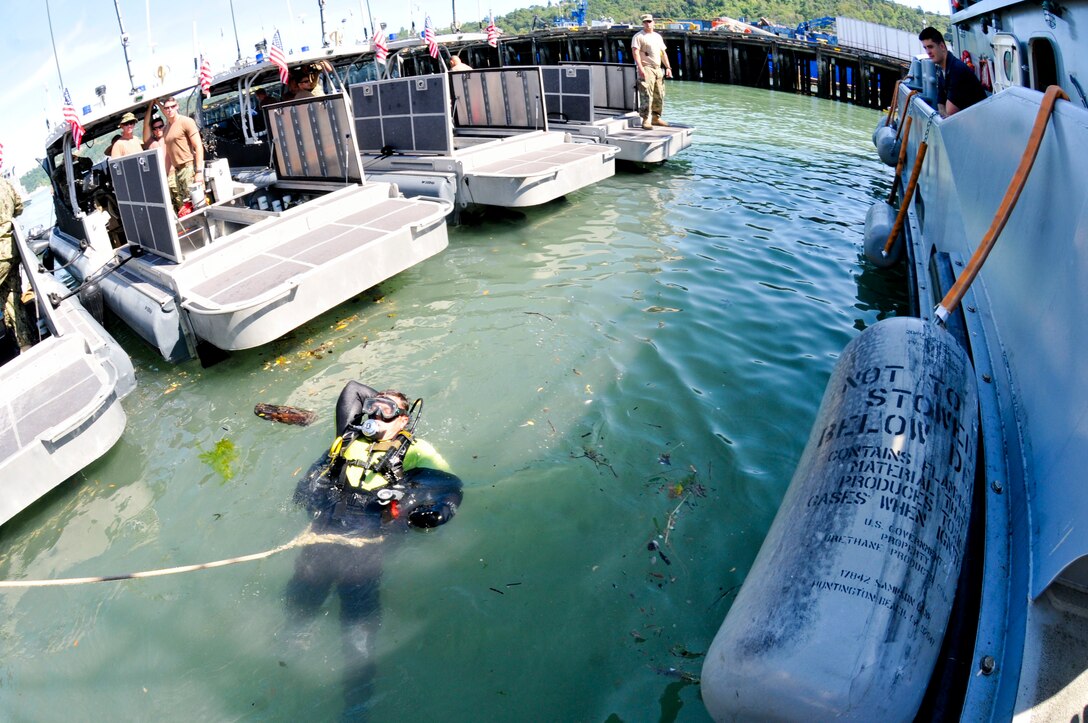 Spc. Michael Sigley, a diver with the 569th Engineer Dive Detachment, submerges into the Port of Tacoma to inspect a small tugboat during the Joint Logistics Over the Shore training exercise, June 7. Members from the detachment assisted units from Fort Eustis, VA and the Washington State Army Reserve and National Guard during the JLOTS training. The exercise provides the opportunity for units to test the loading and offloading of ships in areas where ports are unavailable or damaged. (U.S. Army photo by Sgt. Eliverto V Larios)