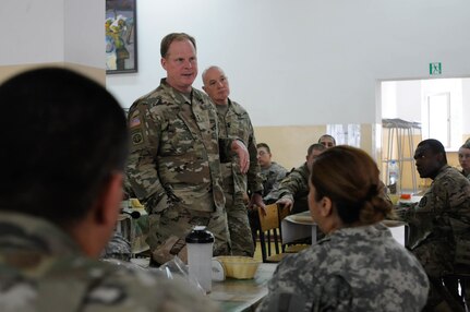 Maj. Gen. Duane A. Gamble, commander of the 21st Theater Sustainment Command, visits with enlisted Army Reserve soldiers with the 364th Expeditionary Sustainment Command  during Anakonda 2016, in Warsaw, Poland, June 9. Anakonda 2016 is one of U.S. Army Europe's premier multinational training events, which features 24 nations and seeks to train, exercise and integrate Polish national command and force structures into an allied, joint, multinational environment. (U.S. Army photo by Sgt. Kayla F. Benson, 96th Sustainment Brigade)