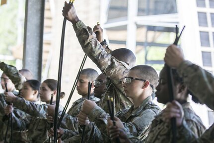 Soldiers in Basic Combat Training with Co. A, 2nd Bn., 13th Inf. Reg. tie their seats in preparation for the repel tower at Fort Jackson, S.C., June 8. (U.S. Army photo by Sgt. 1st Class Brian Hamilton/ released)