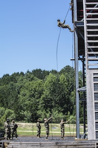 Having conquered the mini wall at Victory Tower on Fort Jackson, S.C., Soldiers in Basic Combat Training with Co. A, 2nd Bn., 13th Inf. Reg., repel down the 40-foot wall at the main tower, June 8. (U.S. Army photo by Sgt. 1st Class Brian Hamilton/ released)