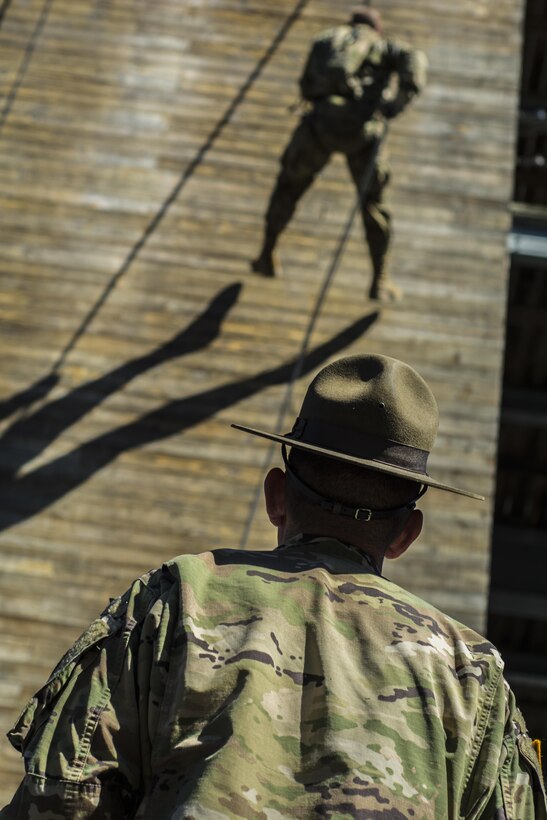 Soldiers in Basic Combat Training with Co. A, 2nd Bn., 13th Inf. Reg., conquer the 40-foot wall at Victory Tower on Fort Jackson, S.C., June 8. (U.S. Army photo by Sgt. 1st Class Brian Hamilton/ released)