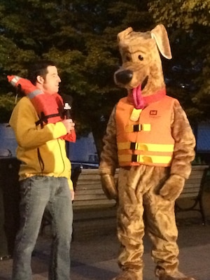 KGW-TV reporter Drew Carney "interviews" Bobber the Water Safety Dog about life jackets and water safety on May 19 as part of Carney's Out & About segment on KGW’s Sunrise program.