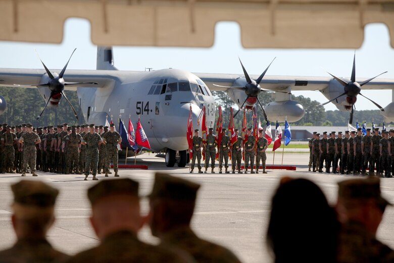 Marines with 2nd Marine Aircraft Wing stand in formation during the 2nd MAW change of command ceremony at Marine Corps Air Station Cherry Point, N.C., June 9, 2016. Maj. Gen. Gary L. Thomas relinquished his post as 2nd MAW commanding general to Brig. Gen. Matthew G. Glavy during the ceremony. (U.S. Marine Corps photo by Cpl. Jason Jimenez/Released)