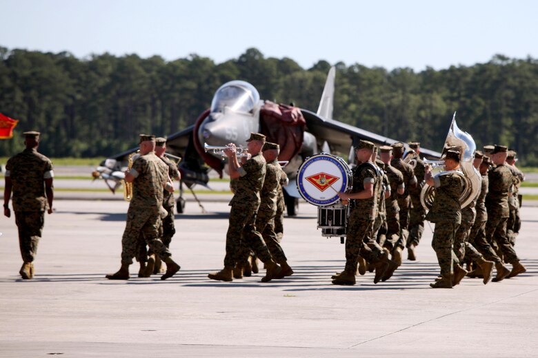The 2nd Marine Aircraft Wing Band performs during the 2nd MAW change of command ceremony at Marine Corps Air Station Cherry Point, N.C., June 9, 2016. Maj. Gen. Gary L. Thomas relinquished his post as the 2nd MAW commanding general to Brig. Gen. Matthew G. Glavy during the ceremony. (U.S. Marine Corps photo by Cpl. Jason Jimenez/Released)