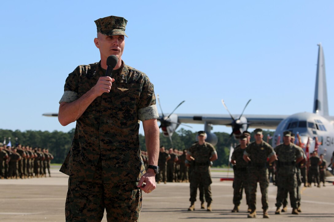 Maj. Gen. Gary L. Thomas addresses the crowd during the 2nd Marine Aircraft Wing change of command ceremony at Marine Corps Air Station Cherry Point, N.C., June 9, 2016. “To the Marines and Sailors of 2nd MAW, I would like to offer my sincere thanks and admiration to you and your families for your service and sacrifice in the defense of our nation.” Thomas relinquished his post as the 2nd MAW commanding general to Brig. Gen. Matthew G. Glavy during the ceremony. (U.S. Marine Corps photo by Cpl. N. W. Huertas/Released)