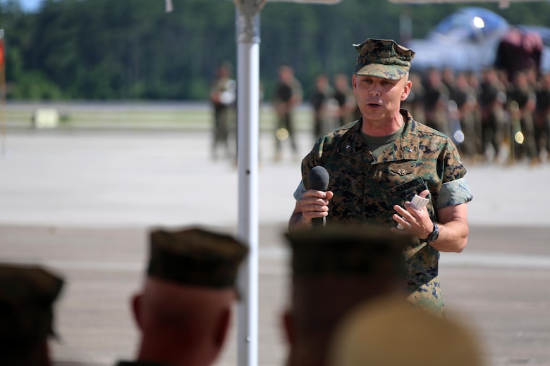 Brig. Gen. Matthew G. Glavy addresses the crowd during the 2nd Marine Aircraft Wing change of command ceremony at Marine Corps Air Station Cherry Point, N.C., June 9, 2016. “The 2nd MAW Marines are great and I thank them for what they will do in the future.” Maj. Gen. Gary L. Thomas relinquished his post as the 2nd MAW commanding general to Glavy during the ceremony. (U.S. Marine Corps photo by Cpl. N. W. Huertas/Released)