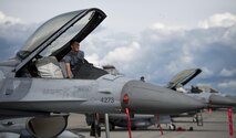A Republic of Singapore Air Force (RSAF) maintainer assigned to Luke Air Force Base, Ariz., secures an RSAF F-16 Fighting Falcon after a RED FLAG-Alaska (RF-A) 16-2 morning sortie June 7, 2016, on the Eielson Air Force Base, Alaska, flight line. The invitation and participation of the RSAF in exercises such as RF-A 16-2 further demonstrates the United States’ commitment to maintaining stability in the Pacific. (U.S. Air Force photo by Capt. Elias Zani/Released)