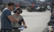 U.S. Air Force Senior Airman Amber Deterline, a 56th Equipment Maintenance Squadron (EMS) munition systems technician, checks in chaffs from a Republic of Singapore Air Force (RSAF) maintainer assigned to Luke Air Force Base, Ariz., after a RED FLAG-Alaska 16-2 morning sortie June 7, 2016, at Eielson Air Force Base, Alaska. Airmen assigned to the 56th EMS foster positive relationships between the U.S. Air Force the RSAF on a daily basis while at home station. (U.S. Air Force photo by Capt. Elias Zani/Released)