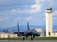 A U.S. Air Force F-15E Strike Eagle all-weather, highly maneuverable, dual-role fighter assigned to the 494th Fighter Squadron out of Royal Air Force Lakenheath, England, taxis down the Eielson Air Force Base, Alaska, flight line June 6, 2016, during RED FLAG-Alaska (RF-A) 16-2. RF-A missions are conducted over the Joint Pacific Alaska Range Complex, which provides more than 67,000 square miles of airspace that includes one conventional bombing range and two tactical bombing ranges containing 510 different types of targets and 45 threat simulators, providing units like the Liberty Wing a realistic training environment. (U.S. Air Force photo by Master Sgt. Karen J. Tomasik/Released)