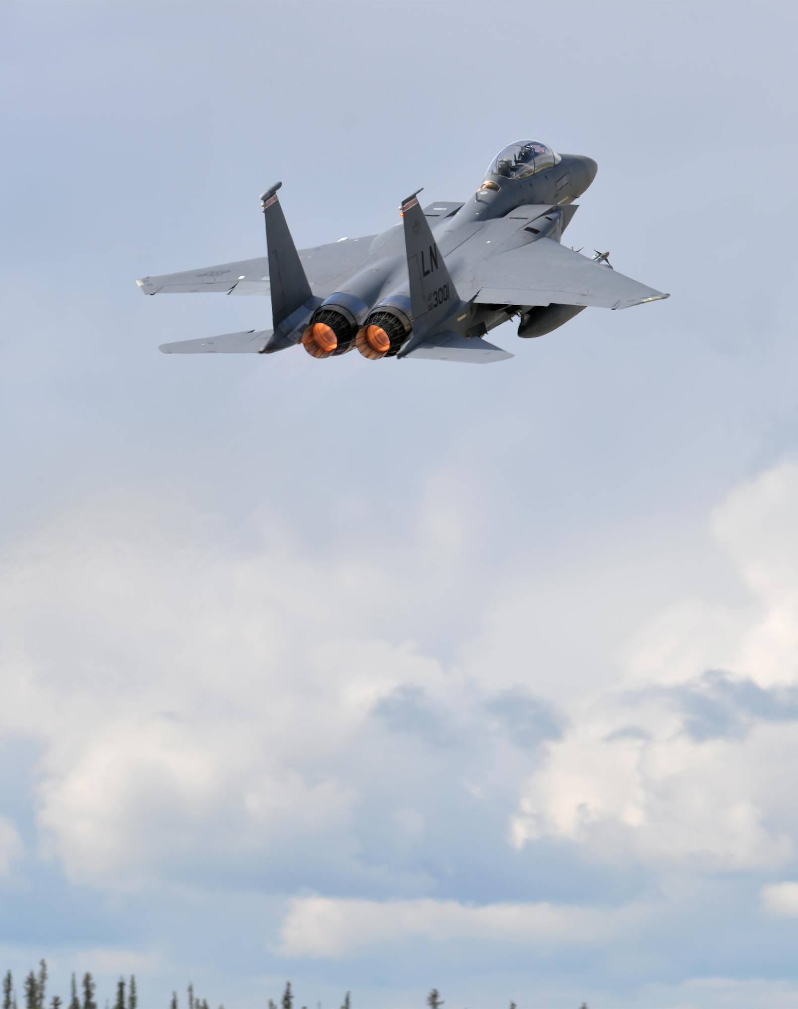 A U.S. Air Force F-15E Strike Eagle all-weather, highly maneuverable, dual-role fighter assigned to the 494th Fighter Squadron out of Royal Air Force Lakenheath, England, takes off from Eielson Air Force Base, Alaska, June 6, 2016, during RED FLAG-Alaska (RF-A) 16-2. RF-A missions are conducted over the Joint Pacific Alaska Range Complex, which provides more than 67,000 square miles of airspace that includes one conventional bombing range and two tactical bombing ranges containing 510 different types of targets and 45 threat simulators, providing units like the Liberty Wing a realistic training environment. (U.S. Air Force photo by Master Sgt. Karen J. Tomasik/Released)