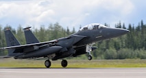 A U.S. Air Force F-15E Strike Eagle all-weather, highly maneuverable, dual-role fighter assigned to the 494th Fighter Squadron out of Royal Air Force Lakenheath, England, painted in the unit's flagship design, begins to lift off from Eielson Air Force Base, Alaska, runway June 6, 2016, during RED FLAG-Alaska (RF-A) 16-2. RF-A is a series of Pacific Air Forces commander-directed field training exercises for U.S. and partner nation forces like the Liberty Wing, enabling joint and international units to sharpen their combat skills by flying simulated combat sorties in a realistic threat environment inside the Joint Pacific Alaska Range Complex, the largest instrumented air, ground and electronic combat training range in the world. (U.S. Air Force photo by Master Sgt. Karen J. Tomasik/Released)