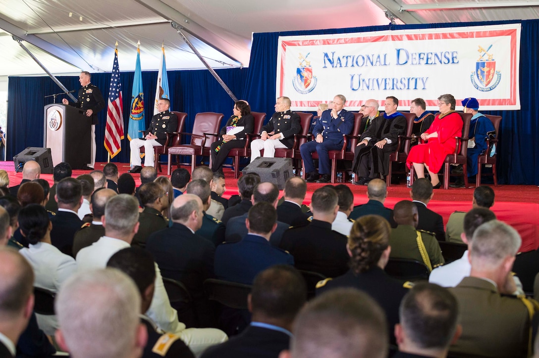 Marine Corps Gen. Joe Dunford, chairman of the Joint Chiefs of Staff, delivers the commencement speech during the National Defense University's 2016 graduation ceremony at Fort Lesley J. McNair in Washington, D.C., June 9, 2016. The university provides military education to senior leaders. DoD photo by Army Staff Sgt. Sean K. Harp
