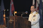 PEARL HARBOR (June 4, 2016) Rear Adm. Paul Becker, special assistant to the Director of Naval Intelligence, delivers remarks during a Battle of Midway commemoration ceremony and honored the contribution of Naval Intelligence at Joint Base Pearl Harbor-Hickam. The island of Midway, located a thousand miles northwest of Honolulu, became the focus of the Japanese fleet's effort to stop U.S. resistance, but U.S. intelligence broke the Japanese naval code and anticipated the surprise attack. The Battle of Midway, which took place June 4-7, 1942, was a decisive victory for the U.S. Navy and is regarded as the turning point of the war in the Pacific. 