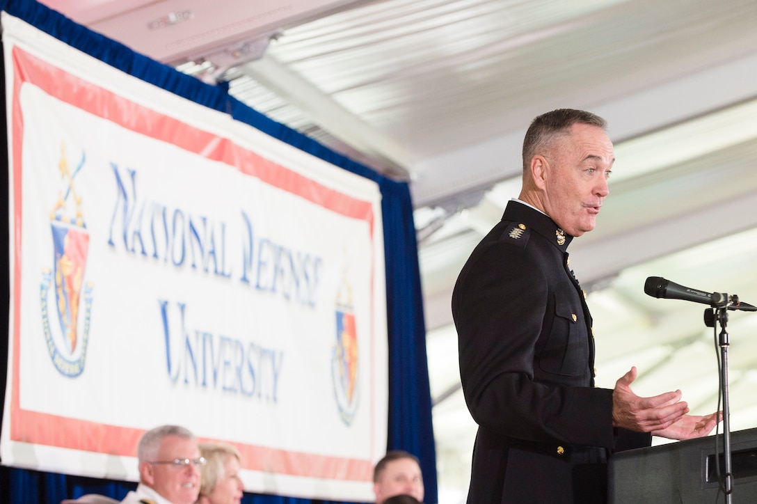 Marine Corps Gen. Joe Dunford, chairman of the Joint Chiefs of Staff, delivers the commencement speech during the National Defense University's 2016 graduation ceremony at Fort Lesley J. McNair in Washington, D.C., June 9, 2016. The university provides military education to senior leaders. DoD photo by Army Staff Sgt. Sean K. Harp
