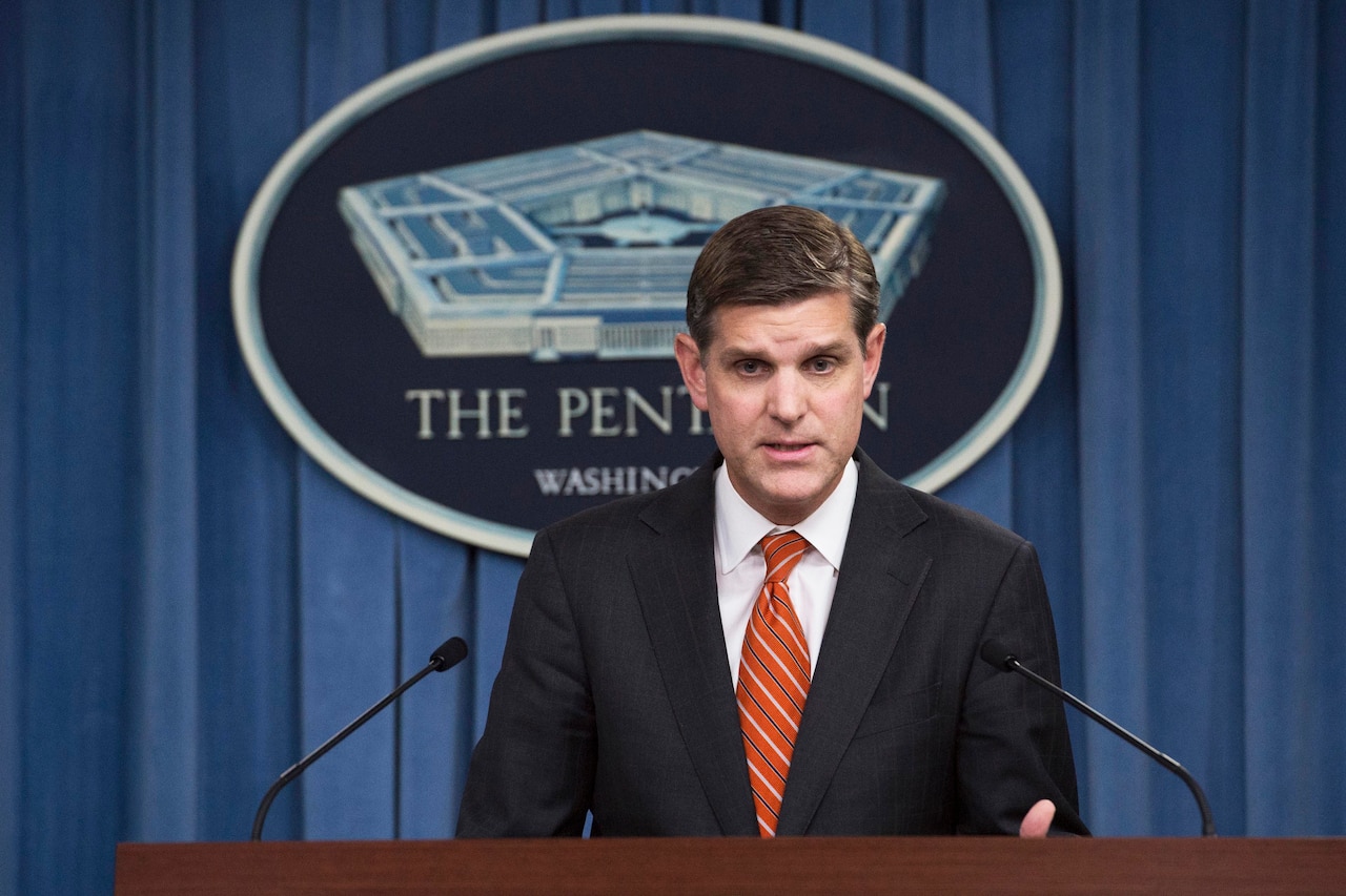 Pentagon Press Secretary Peter Cook briefs reporters during a news conference at the Pentagon. DoD photo by Air Force Senior Master Sgt. Adrian Cadiz